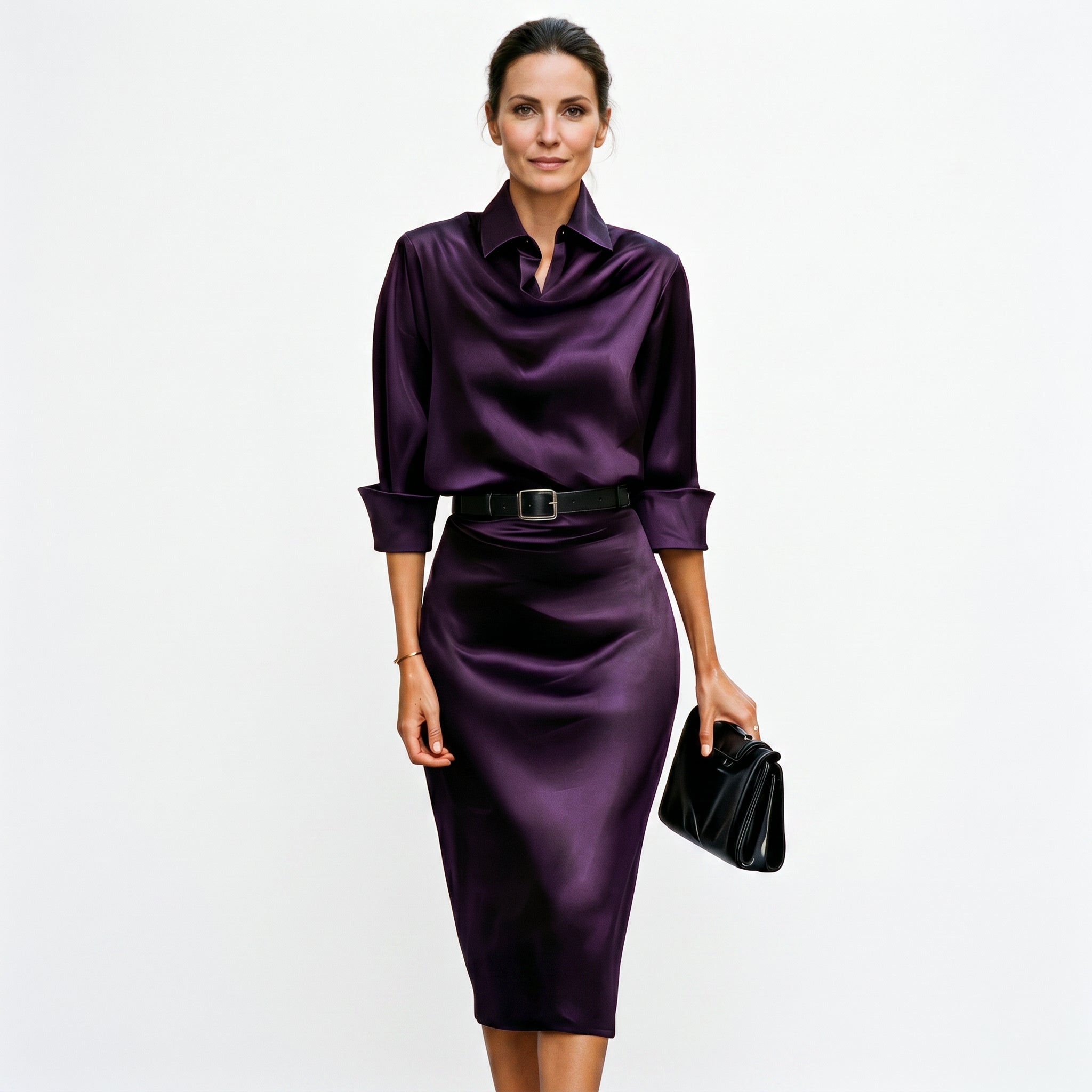 Satin draped neck midi dress in purple – women's belted formal occasion dress