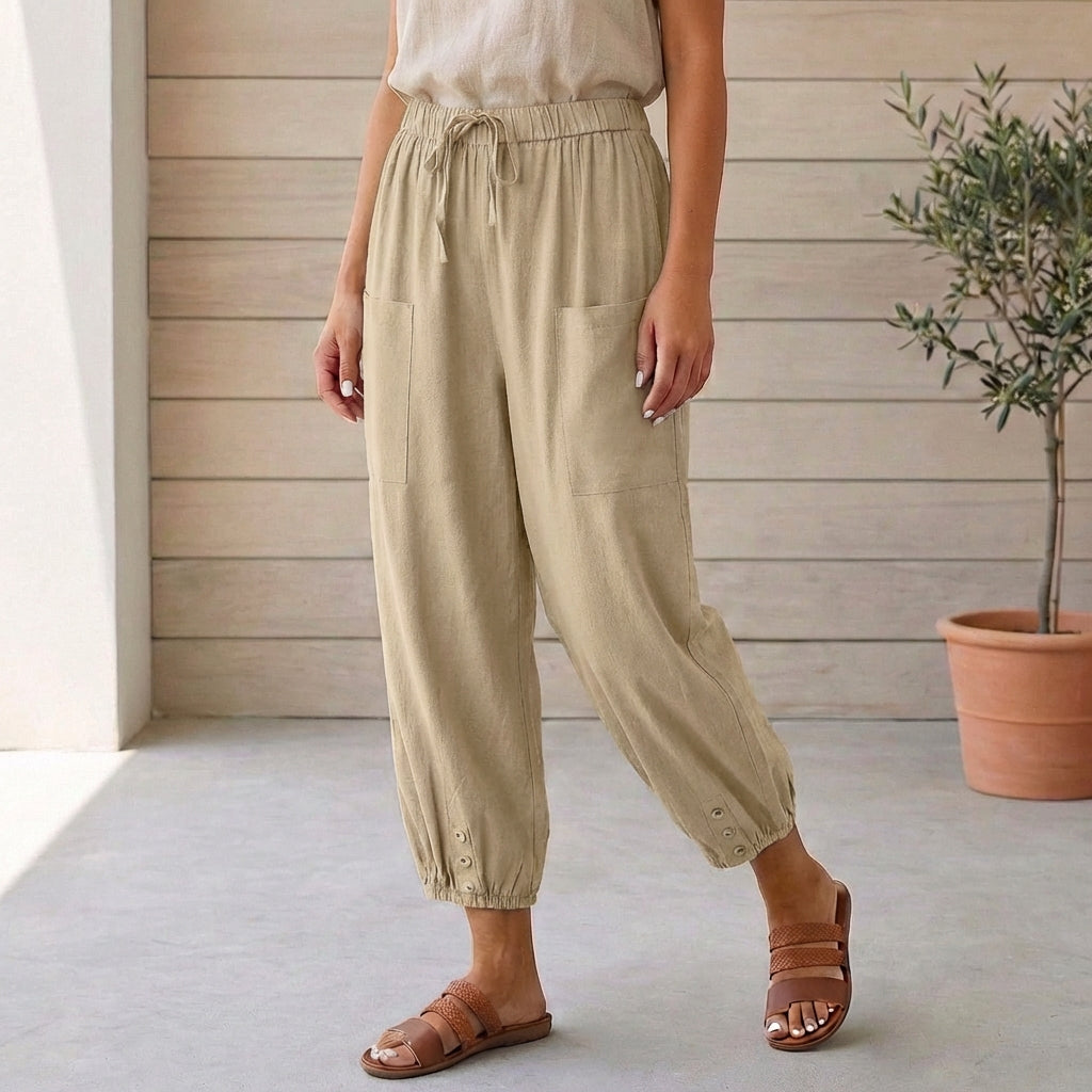 Women's high-waisted linen cropped pants, drawstring waistband detail