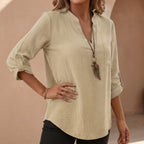 Women's band collar V-neck linen blouse, side view