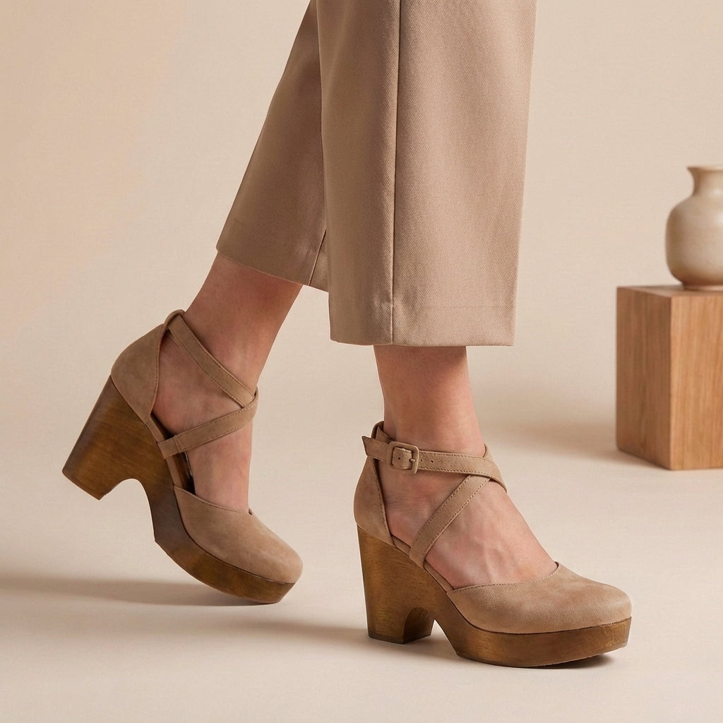Women's platform wedge shoes in khaki – closed toe ankle strap wood heel