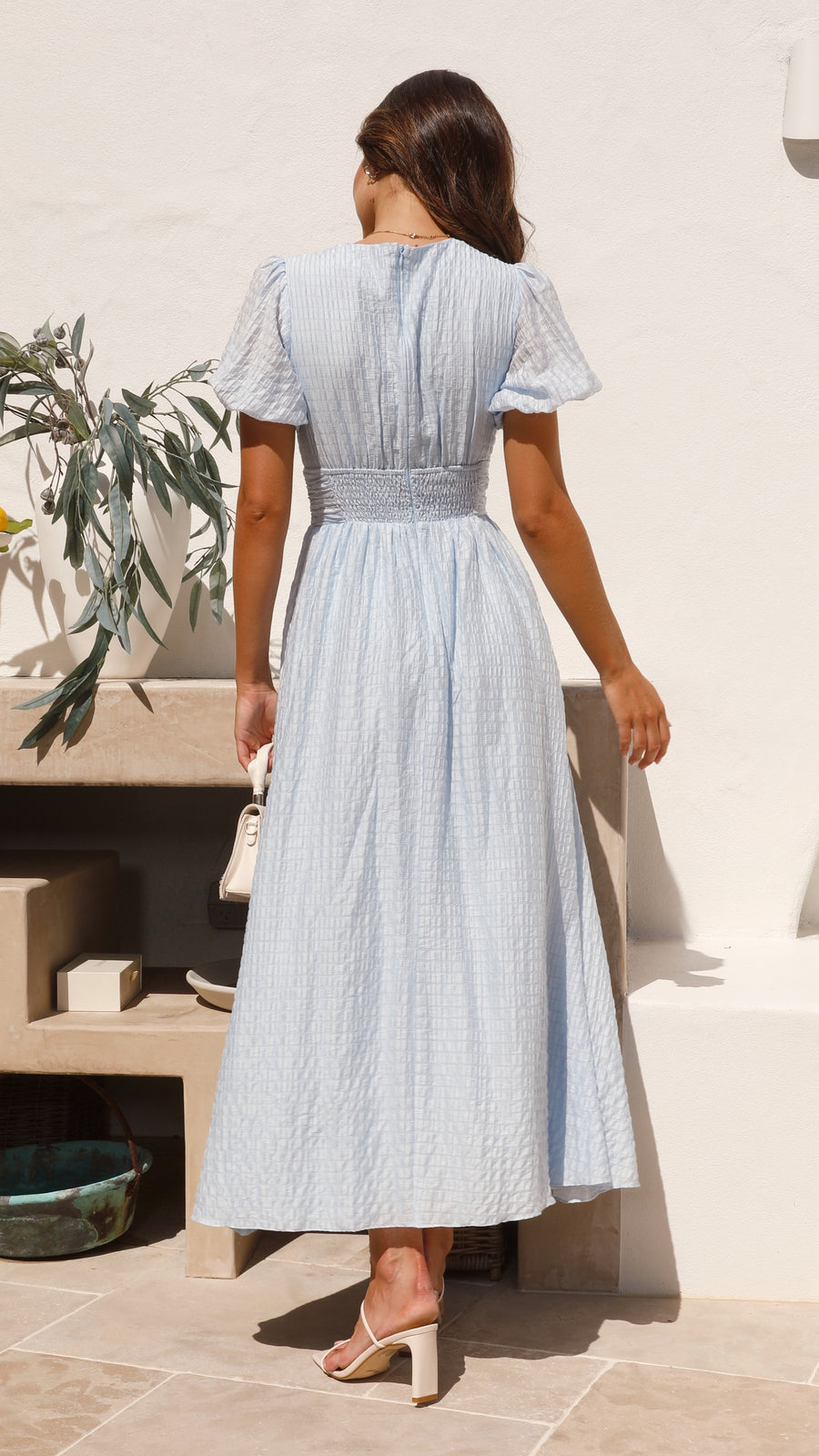 Puff sleeve button front maxi dress, side view