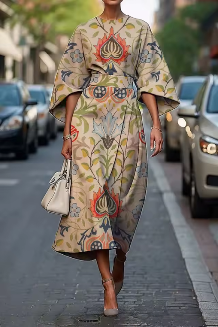 Elegant Print Midi Dress — worn on model