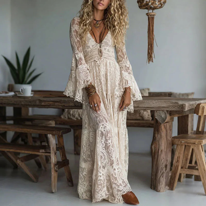Women's embroidered deep V-neck flare sleeve maxi dress, front view