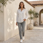 White linen shirt for women – relaxed fit styled with grey jeans