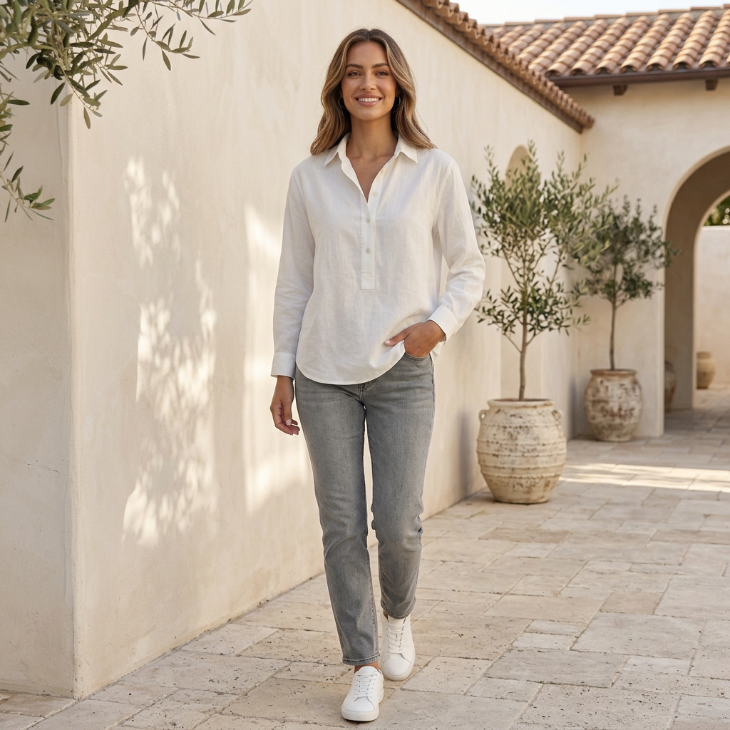 White linen shirt for women – relaxed fit styled with grey jeans