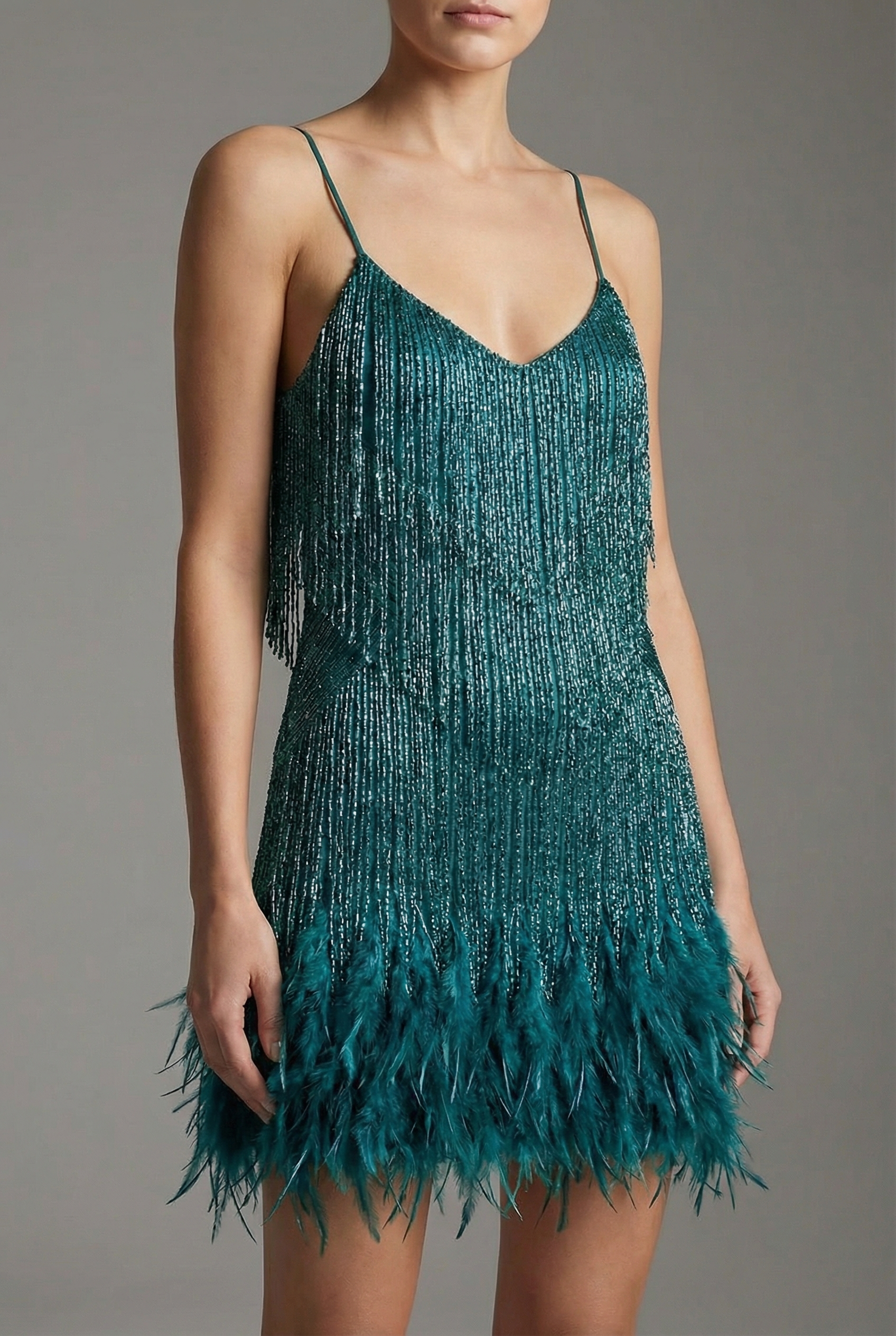 Women's Feather Trim Glitter Mini Dress – Glamorous Sparkle Evening Look