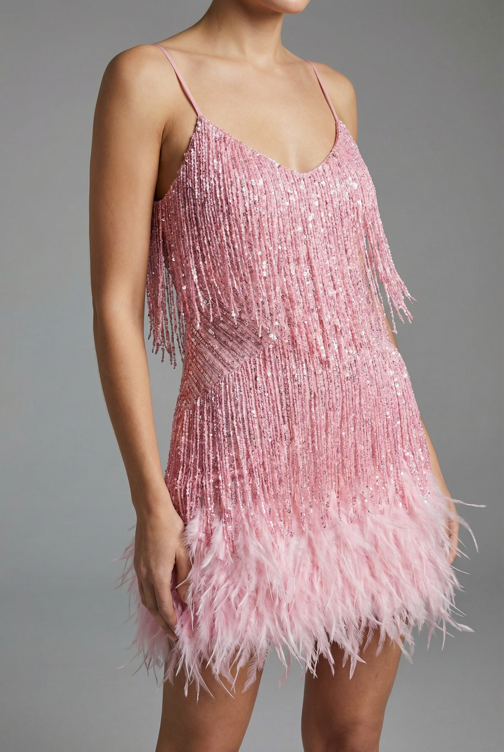 Women's Feather Trim Glitter Mini Dress – Glamorous Sparkle Evening Look