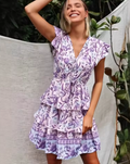 Women's Lilac Boho V-Neck Mini Dress front view - Flowy A-Line Casual Mini Dress