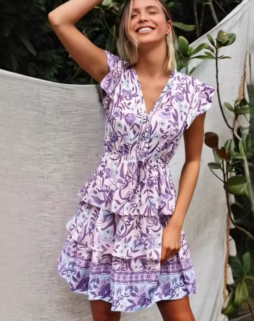 Women's Lilac Boho V-Neck Mini Dress front view - Flowy A-Line Casual Mini Dress