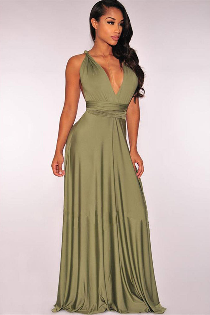 Women's Plunging V-Neck Open Back Maxi Dress in green - Boho Flowy Wedding Guest Maxi Dress