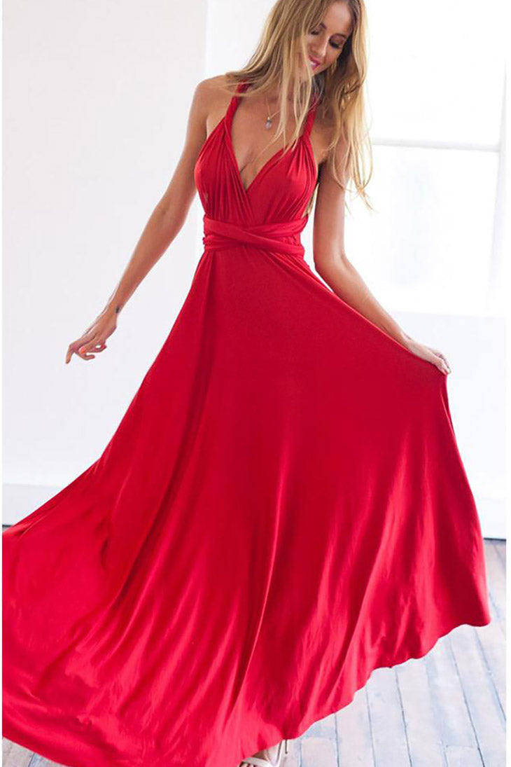 Women's Plunging V-Neck Open Back Maxi Dress in red - Boho Flowy Wedding Guest Maxi Dress