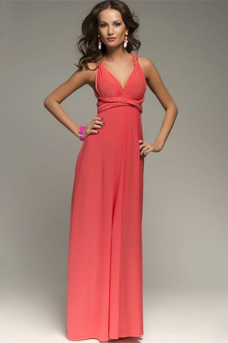 Women's Plunging V-Neck Open Back Maxi Dress in red styled - Boho Flowy Wedding Guest Maxi Dress