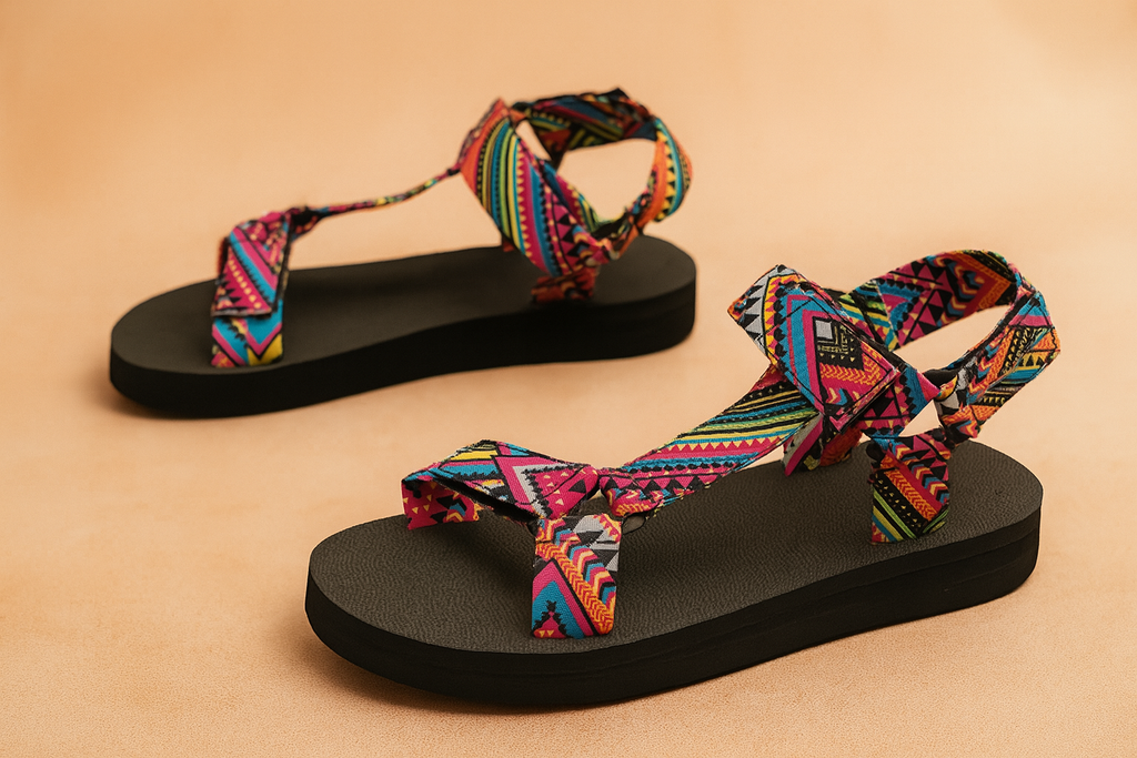 Colourful geometric patterned sandals side view