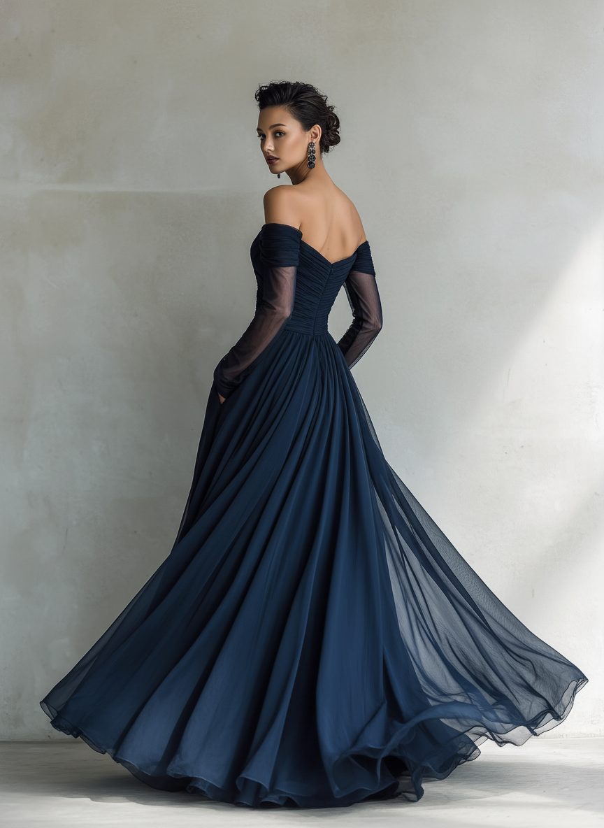 Dark Blue Off-Shoulder Evening Dress – Chiffon Maxi Ball Gown
