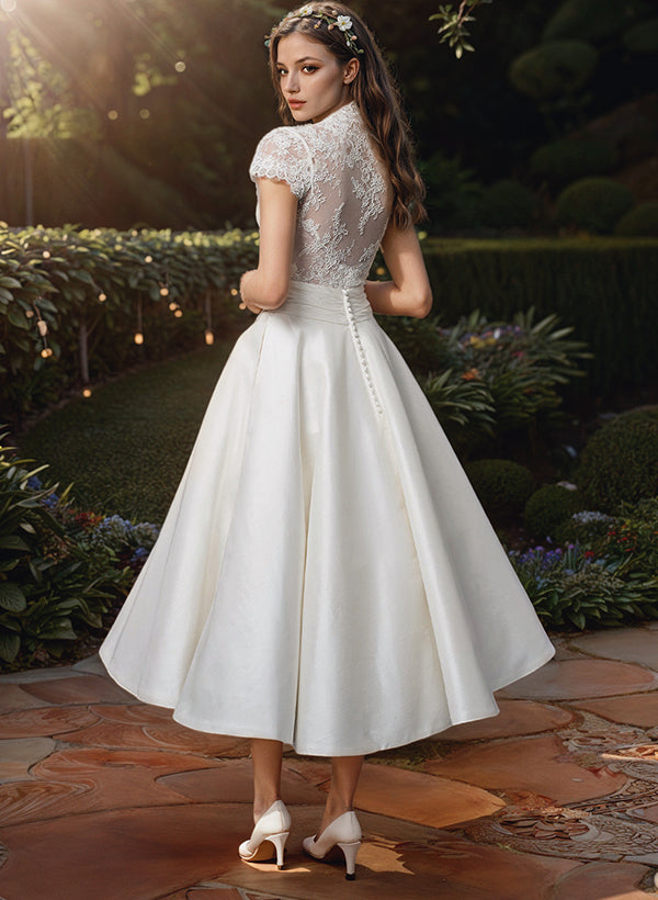 White lace midi wedding dress for women – V-neck flared bridal gown garden setting