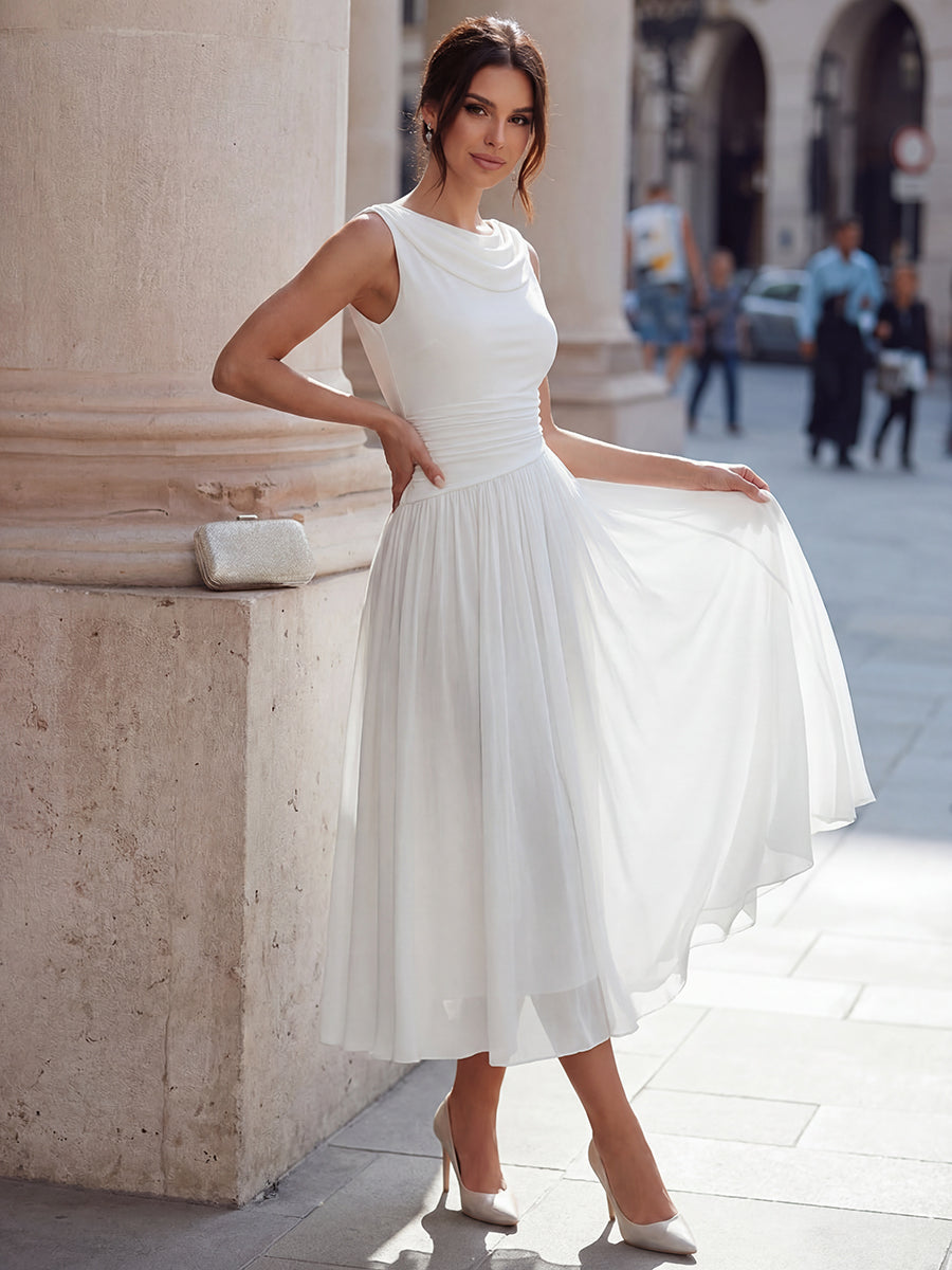 Draped Neck Sleeveless Pleated Midi Dress – Occasion
