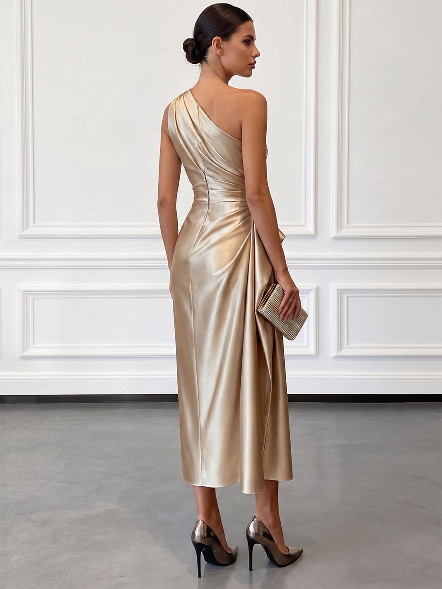 Satin One-Shoulder Ruched Midi Dress – Wedding Guest