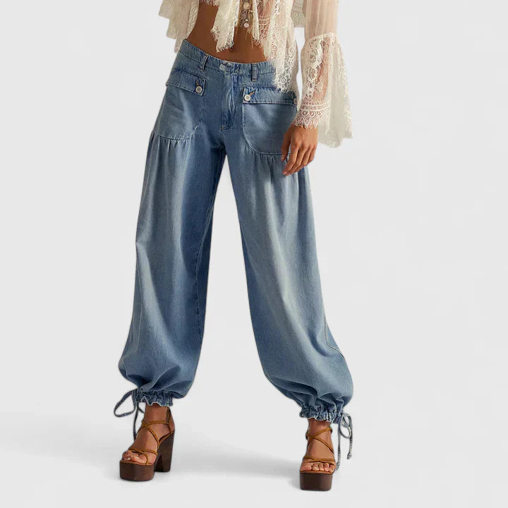 Women's wide leg bohemian pleated trousers, front view