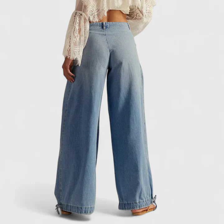 Bohemian wide leg trousers with pleated detail, side view