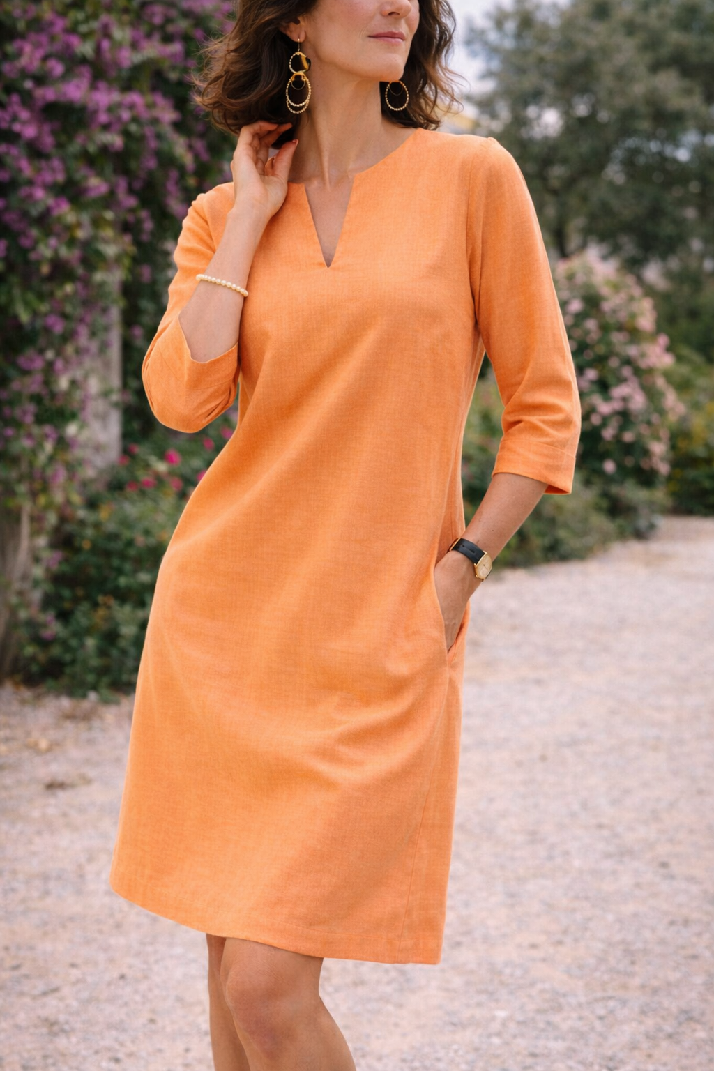 V-notch tailored shift dress in breathable linen blend, back view