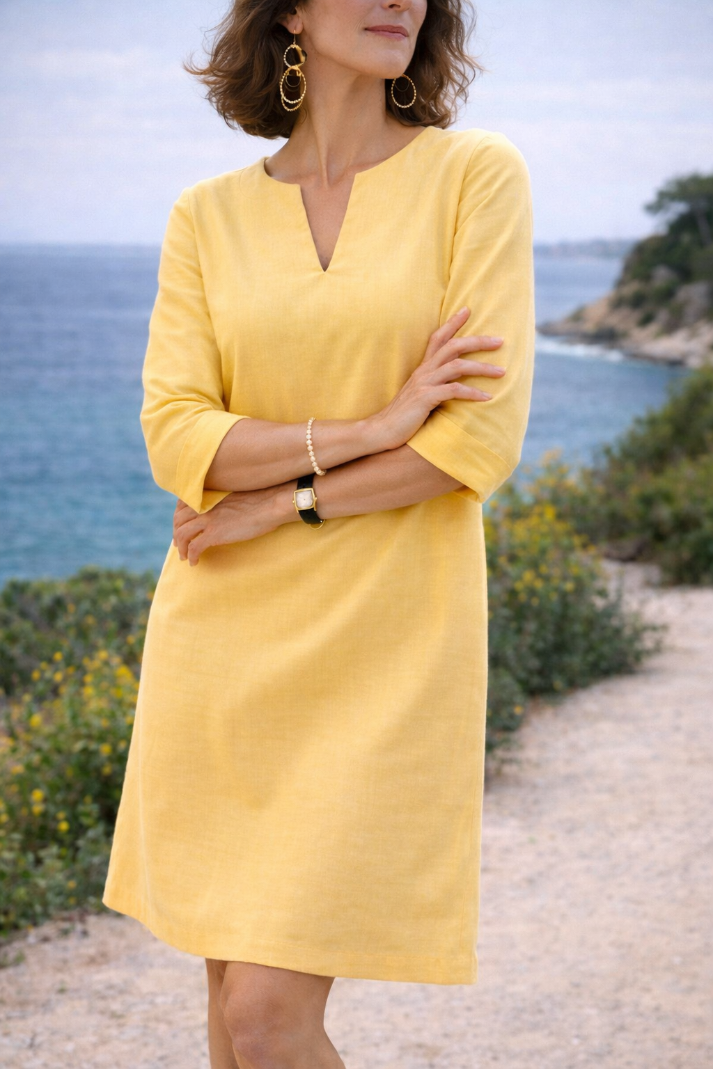 Smart summer shift dress with notch neckline, styled look