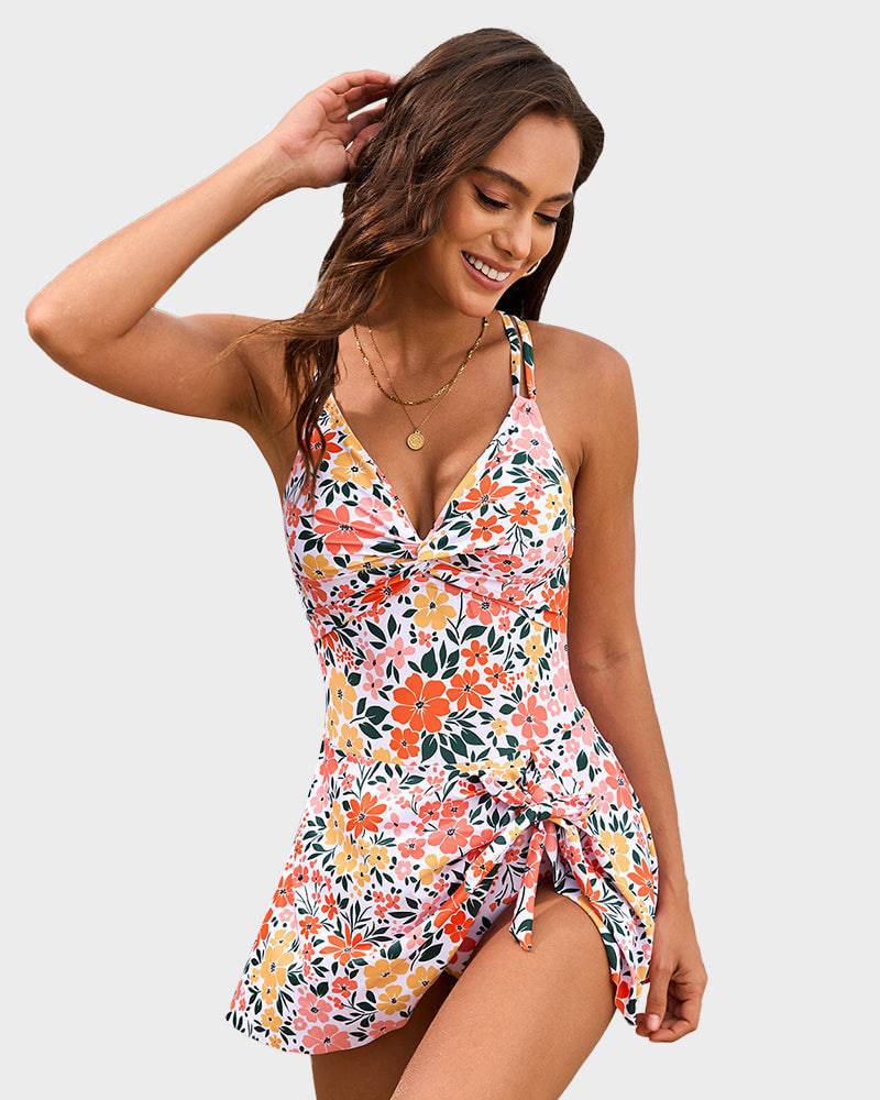 Green swim dress three-quarter view beach style
