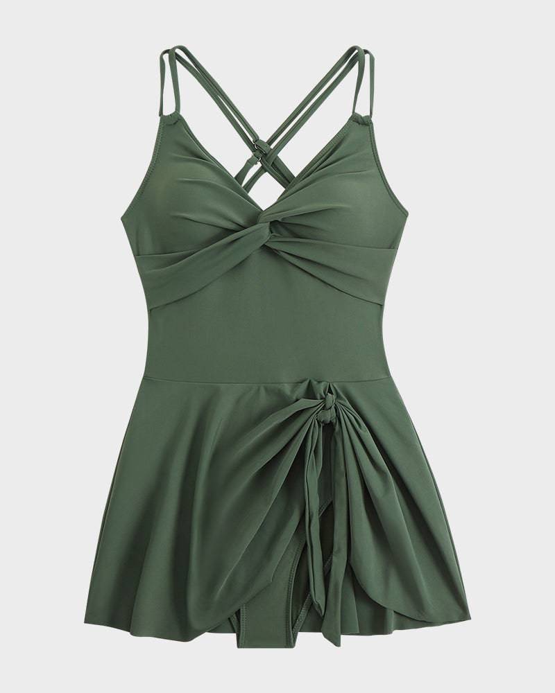 Green swim dress flowing hem detail