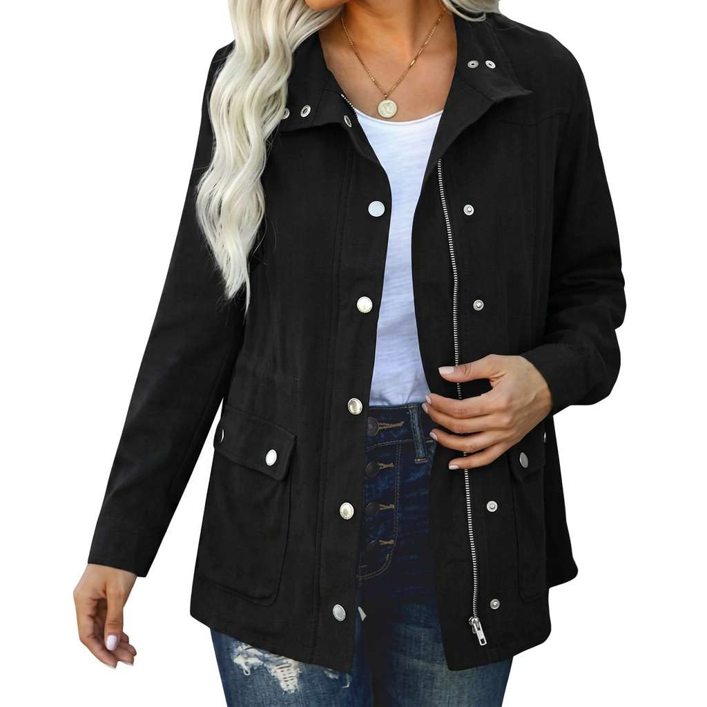 Black lightweight utility jacket, front view