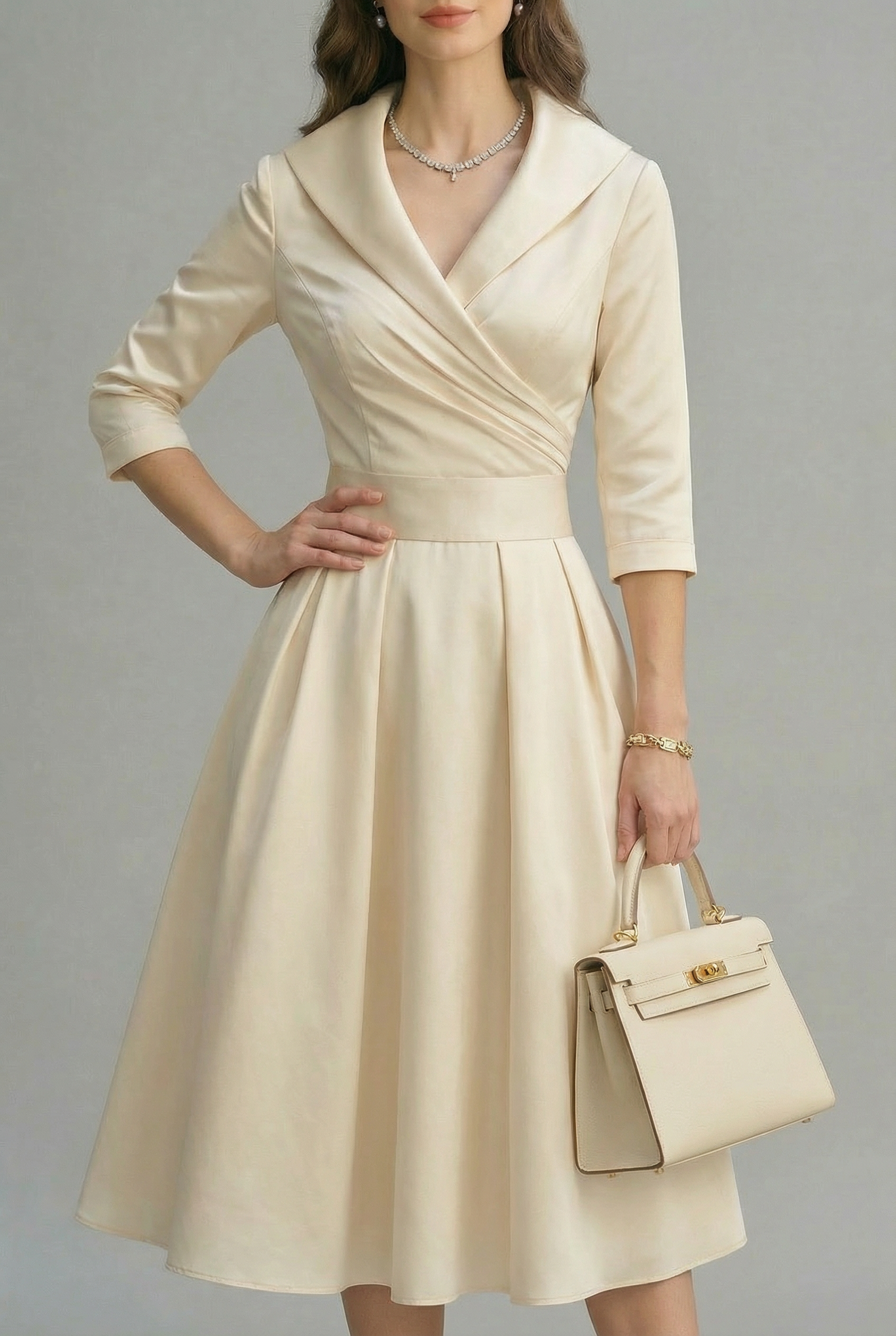 Women’s Ascot Elegant Wrap Midi Dress with Flared Skirt