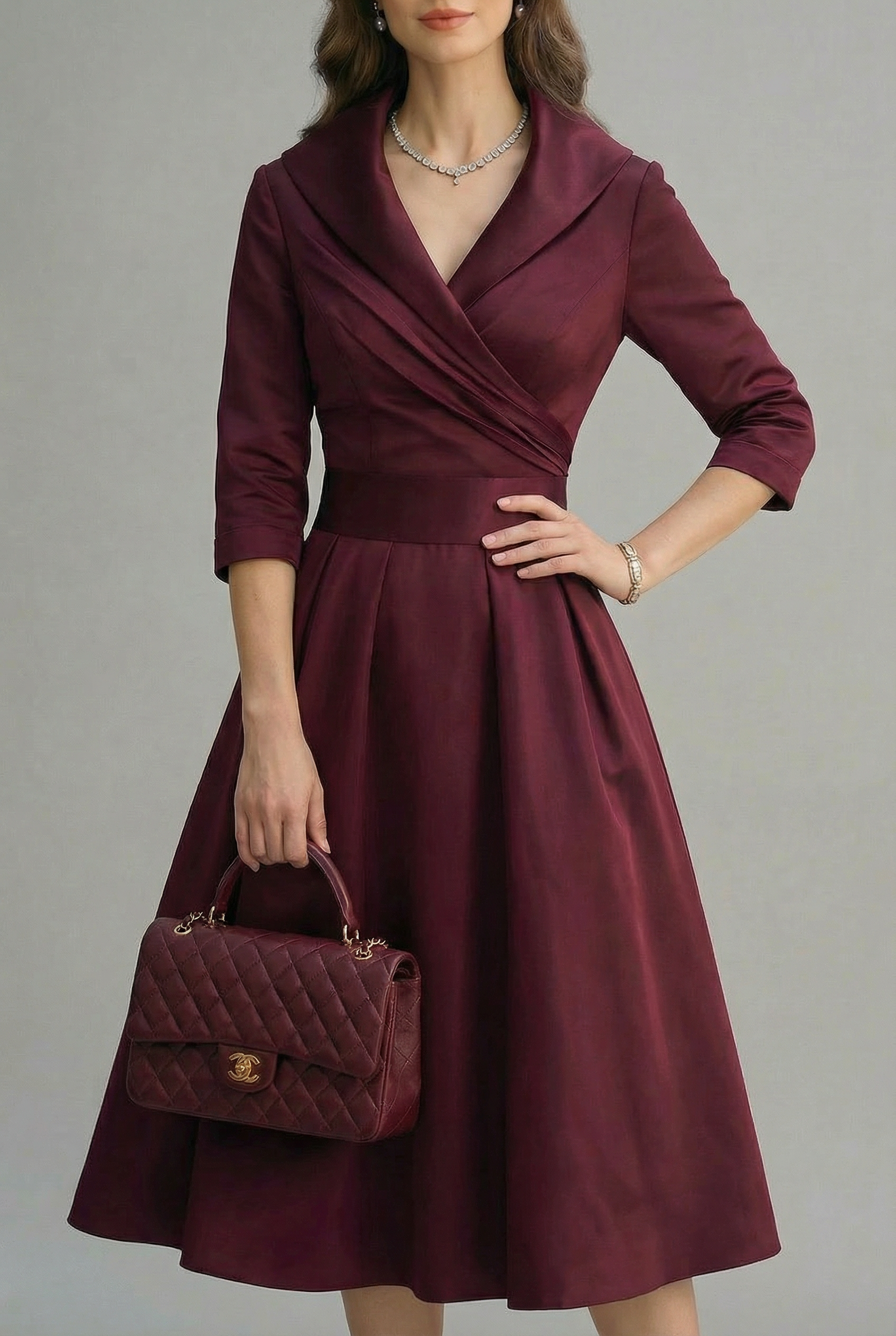 Women’s Ascot Elegant Wrap Midi Dress with Flared Skirt