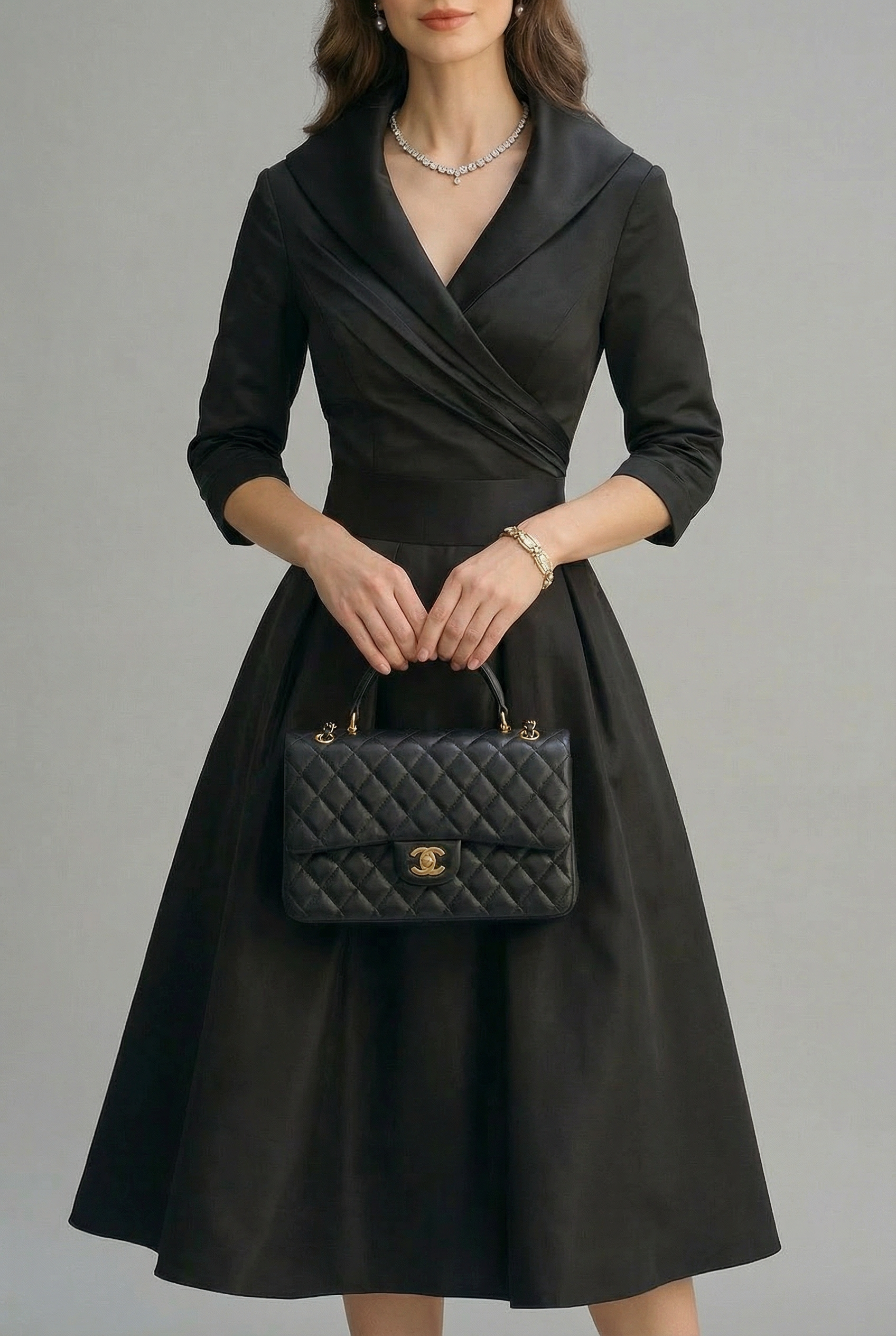 Women’s Ascot Elegant Wrap Midi Dress with Flared Skirt