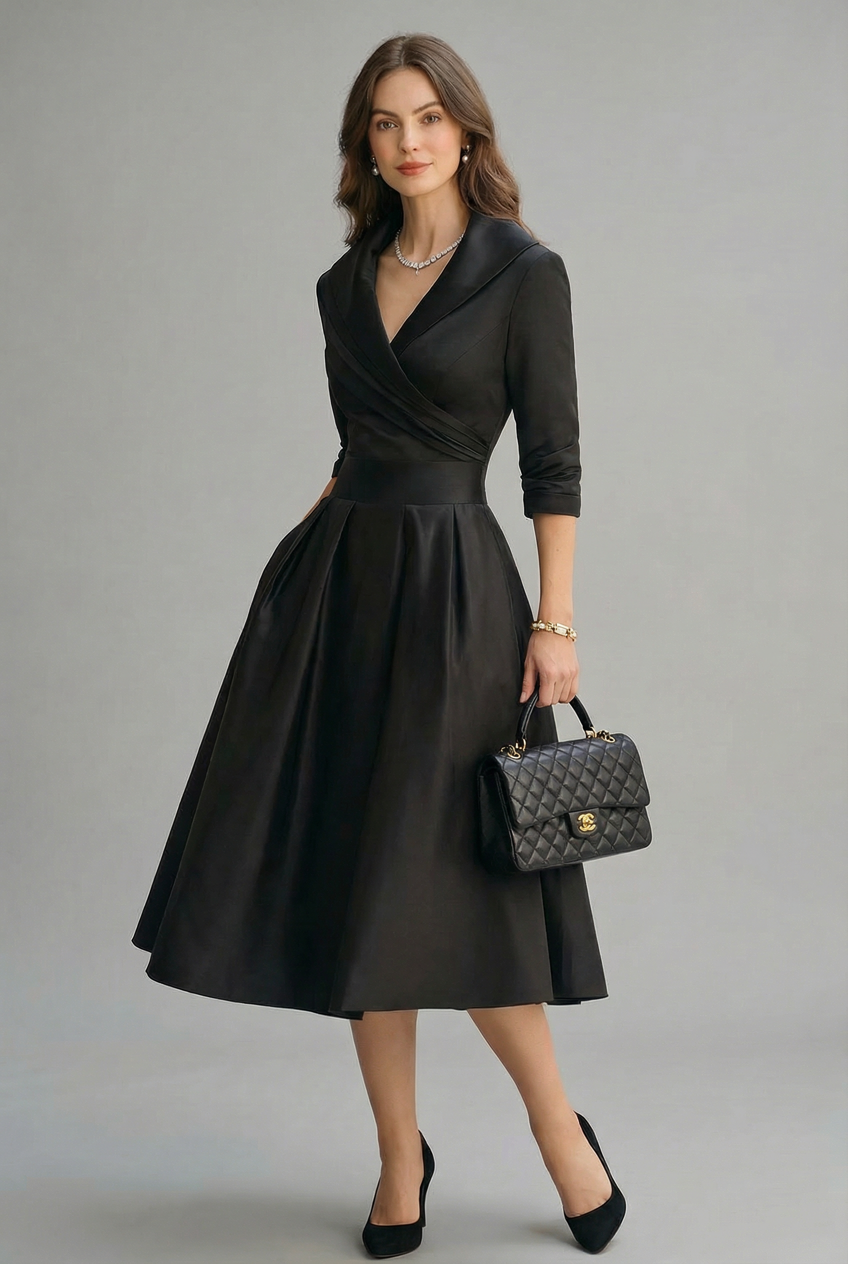 Women’s Ascot Elegant Wrap Midi Dress with Flared Skirt