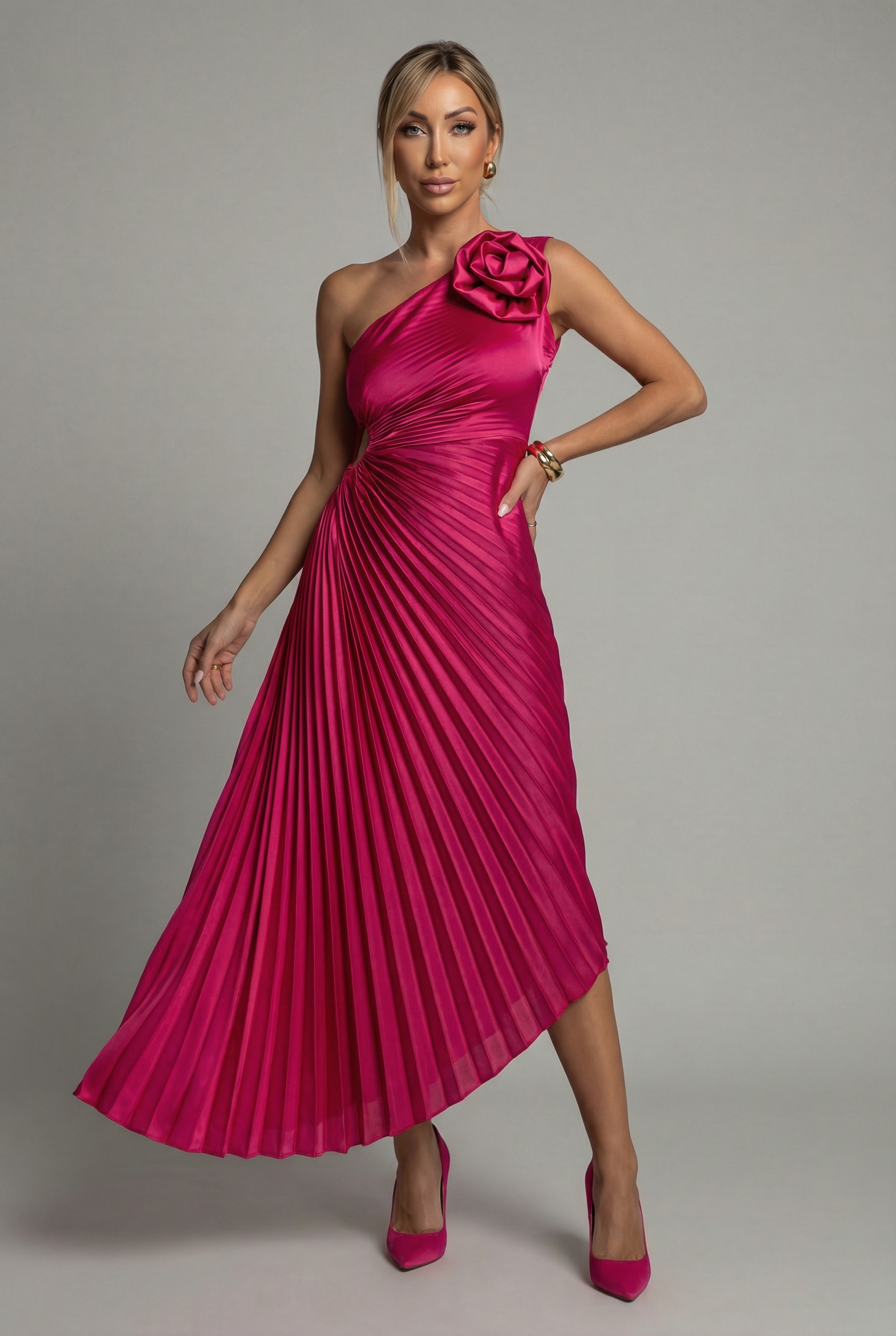 Women’s Ascot One-Shoulder Pleated Midi Dress