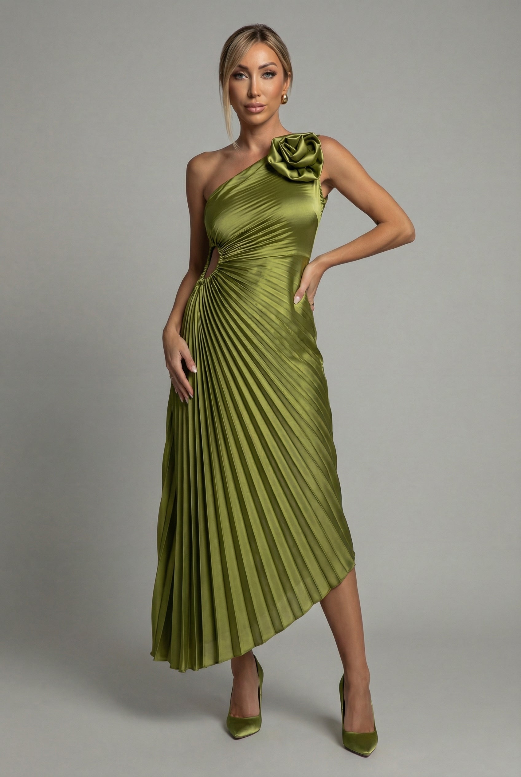 Women’s Ascot One-Shoulder Pleated Midi Dress
