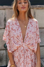 Women's Pink Floral Wrap Maxi Dress full length - Boho Wedding Guest Maxi Dress