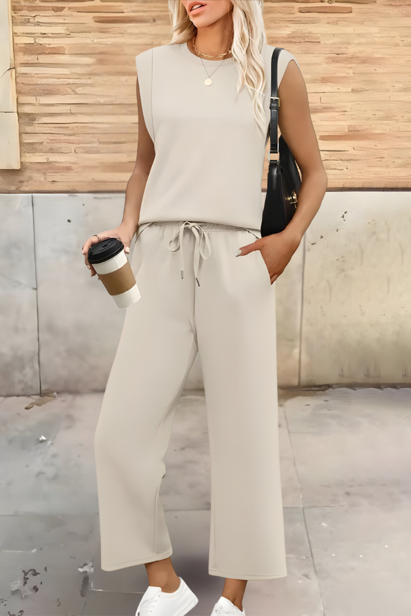 Wide-leg trousers and top co-ord set in beige, front view