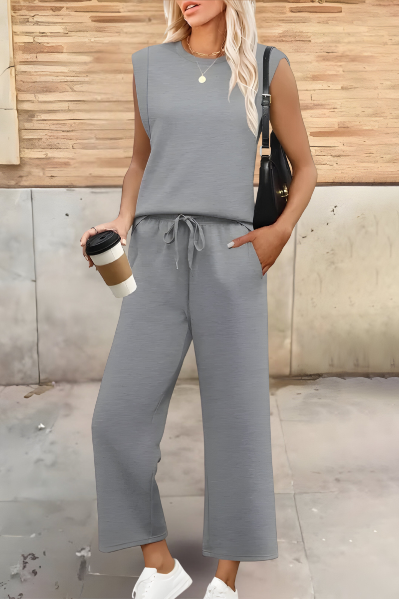 Wide-leg trousers and top co-ord, fabric detail close-up