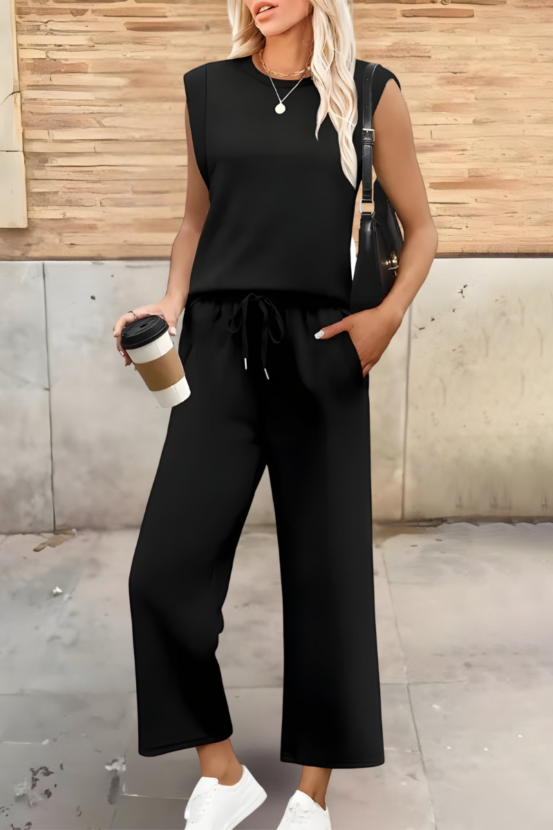 Wide-leg trousers and top co-ord set, lifestyle casual