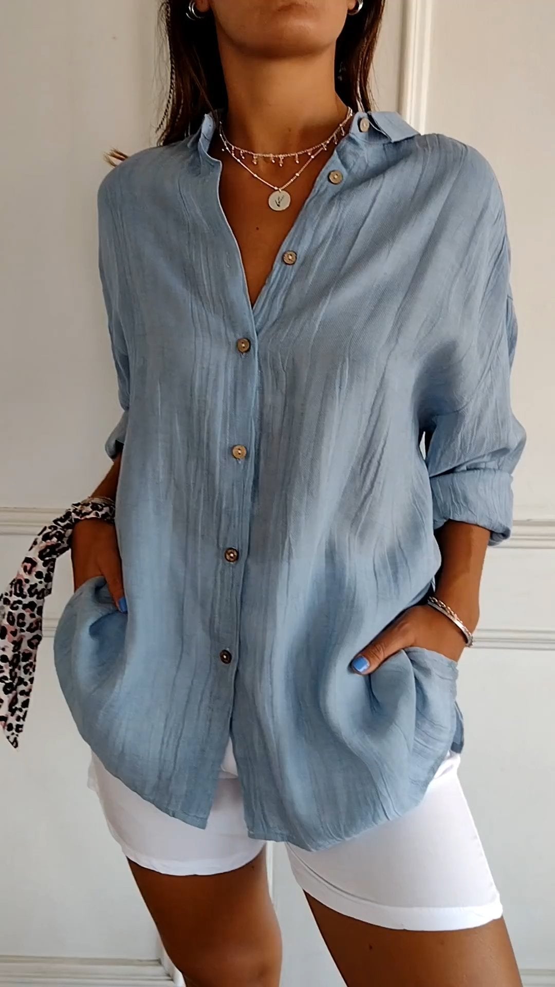 Women's Mina button-down summer shirt front view blue