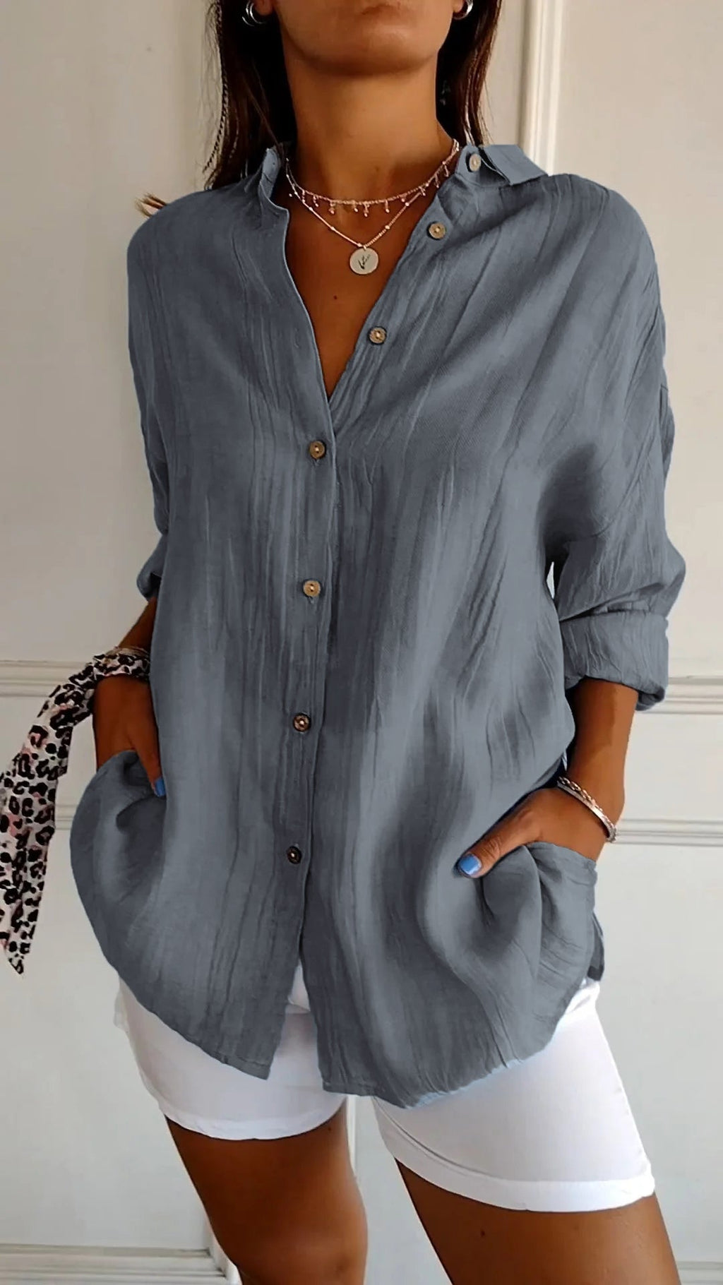 Mina button-down shirt full length rear view