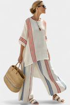 Front view of women's striped two-piece loungewear set