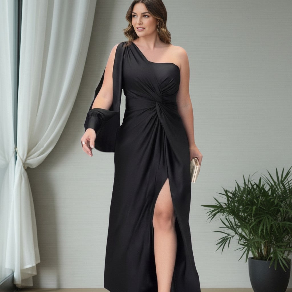 Women's one-shoulder floor-length wedding guest dress, detail of knot waist