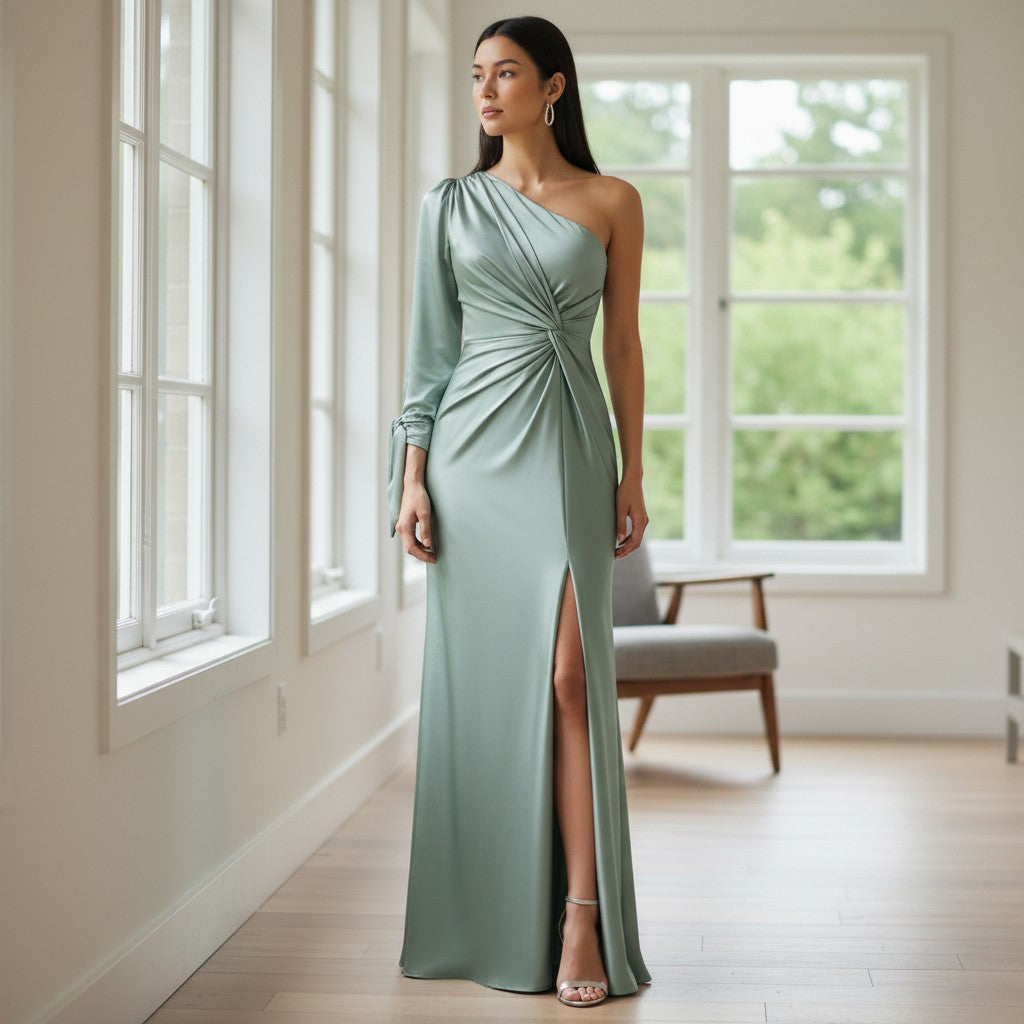 Women's one-shoulder floor-length wedding guest dress, back view