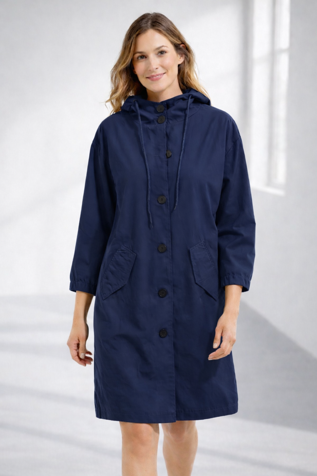 Navy mid-length hooded Jacket
