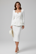 Women's square neck skirt suit set in white – blazer and midi skirt co-ord front view