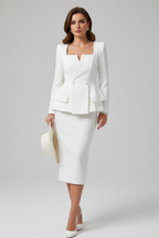Women's square neck skirt suit set in white – blazer and midi skirt co-ord front view