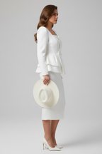 White square neck blazer and straight midi skirt suit set for women