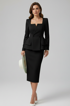 Women's square neck skirt suit set in black – blazer and midi skirt co-ord front view