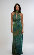 Women's high neck keyhole open back chiffon maxi dress in painterly blues and purples, front view