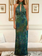 Women's formal occasion chiffon maxi dress with open back detail, back view